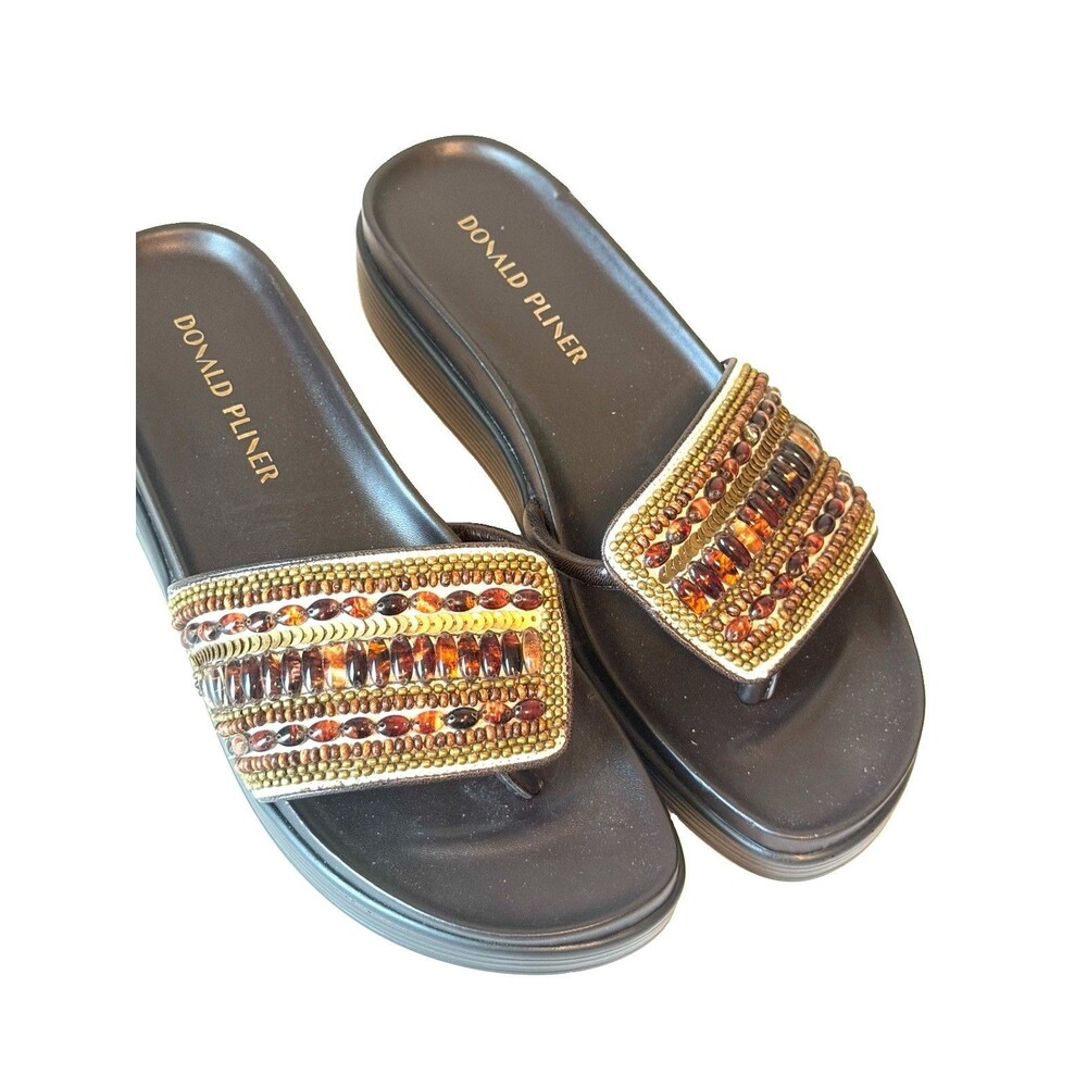 Donald Pliner Sandals Womens 9.5 Brown Leather Beaded Platform Flip flop Luxury